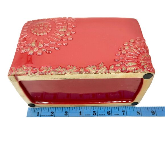 Vintage Style Bottle Rectangular Red Ceramic Embossed Floral With Metal Lid - Picture 9 of 11